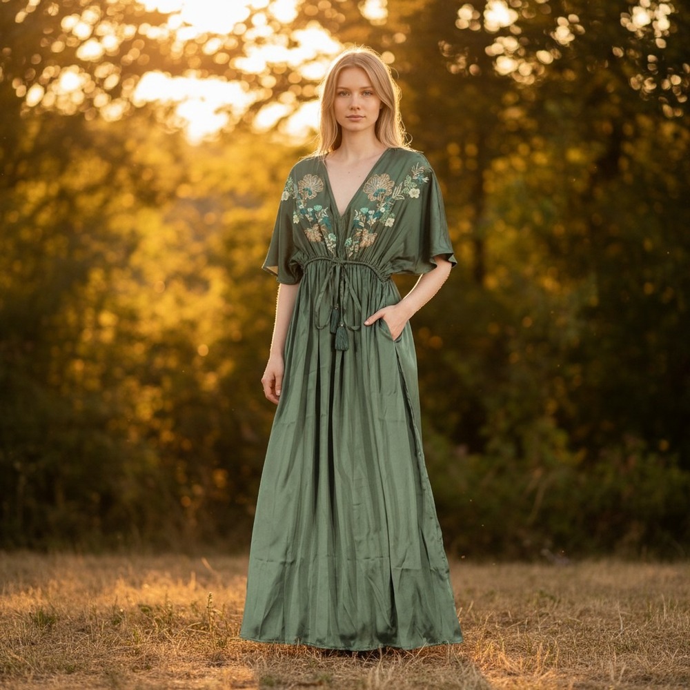 World Market Embroidered Satin Maxi Dress Womens XS Green Boho Cottage Flowy NWT